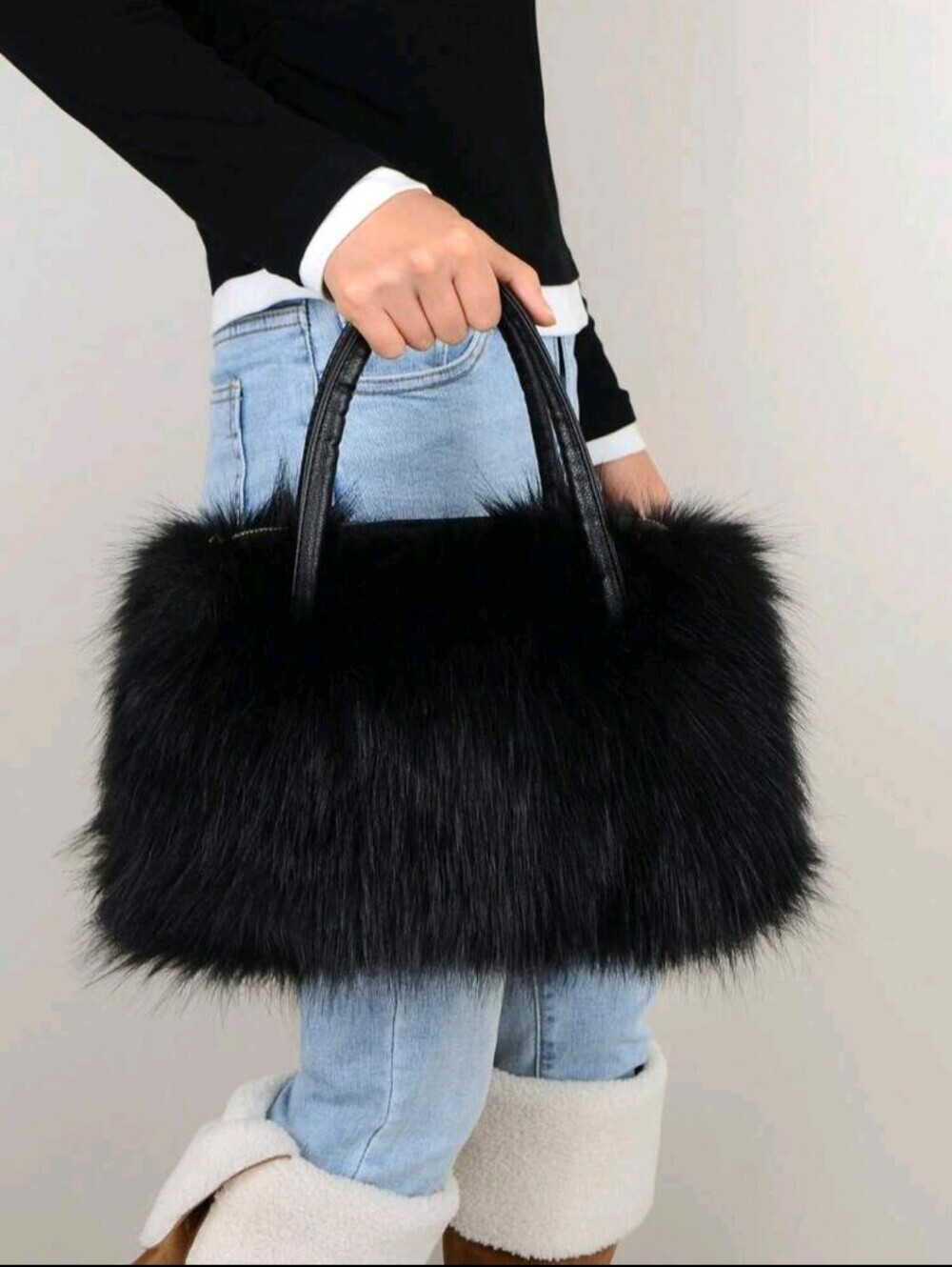 Black Faux Fur Tote Bag with Leather Handles